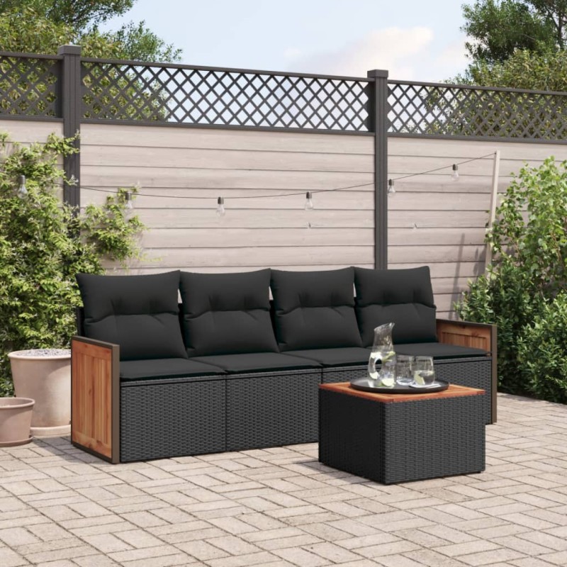 5 pcs conjunto sofás de jardim com almofadões vime PE preto-Conjuntos de jardim-Home Retail