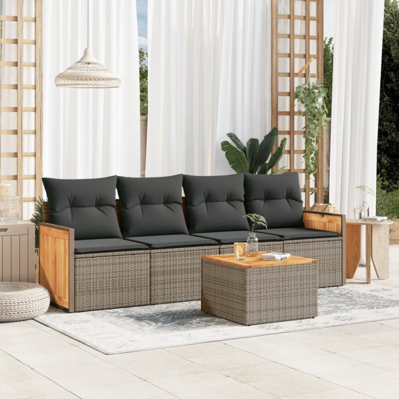 5 pcs conjunto sofás de jardim c/ almofadões vime PE cinzento-Conjuntos de jardim-Home Retail