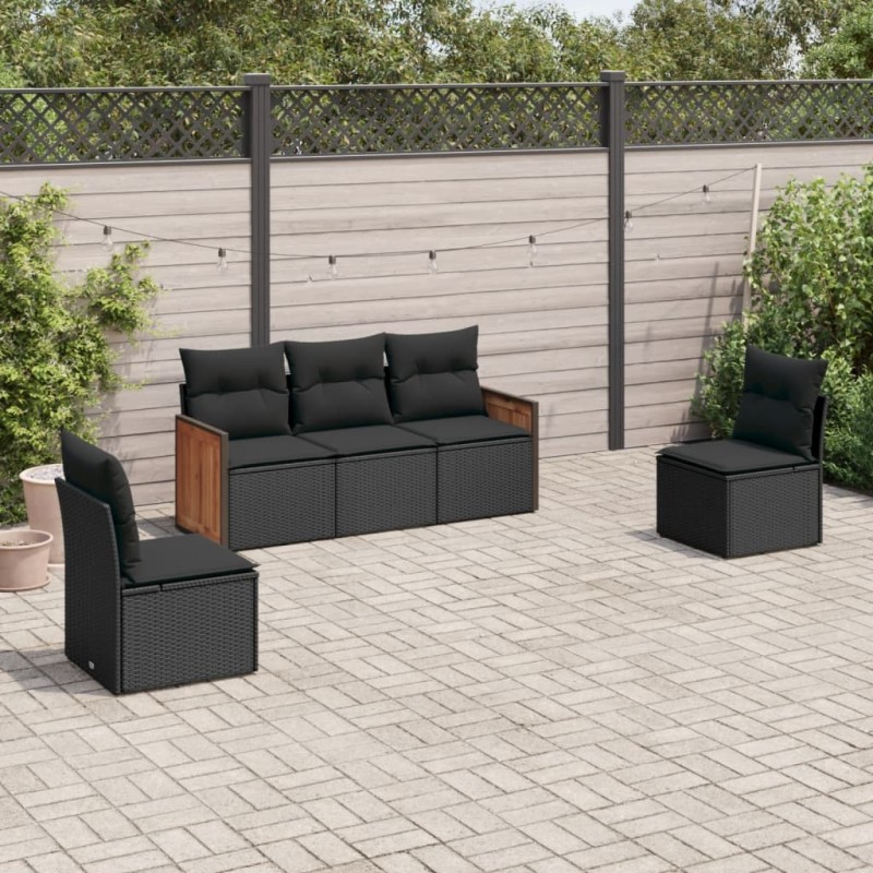 5 pcs conjunto sofás de jardim com almofadões vime PE preto-Conjuntos de jardim-Home Retail