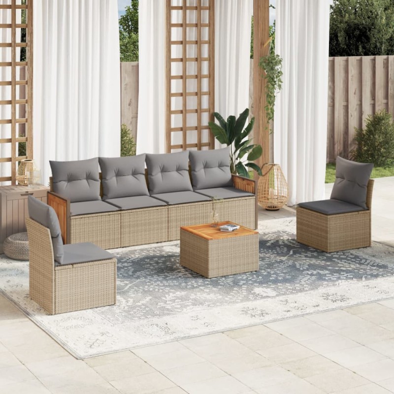 7 pcs conjunto de sofás p/ jardim com almofadões vime PE bege-Conjuntos de jardim-Home Retail