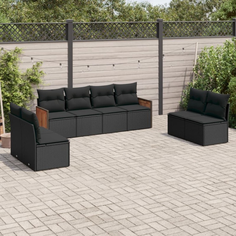 8 pcs conjunto sofás de jardim com almofadões vime PE preto-Conjuntos de jardim-Home Retail