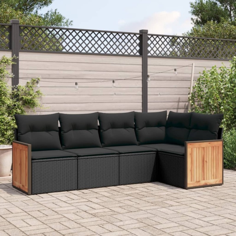 5 pcs conjunto sofás de jardim com almofadões vime PE preto-Conjuntos de jardim-Home Retail