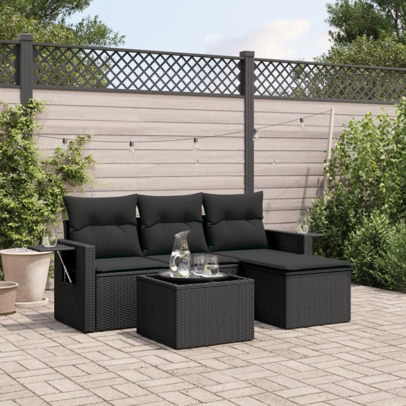 4 pcs conjunto de sofás para jardim c/ almofadões vime PE preto-Conjuntos de jardim-Home Retail