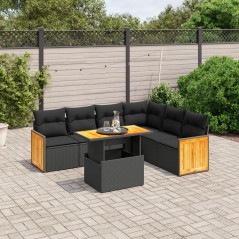 7 pcs conjunto de sofás p/ jardim c/ almofadões vime PE preto