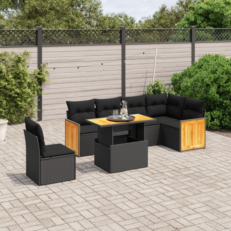 7 pcs conjunto de sofás p/ jardim c/ almofadões vime PE preto-Conjuntos de jardim-Home Retail