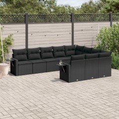 10 pcs conjunto sofás de jardim c/ almofadões vime PE preto