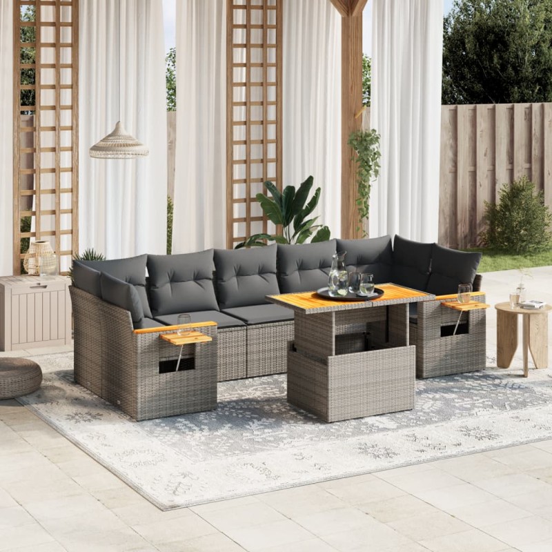 8 pcs conjunto sofás de jardim c/ almofadões vime PE cinzento-Conjuntos de jardim-Home Retail