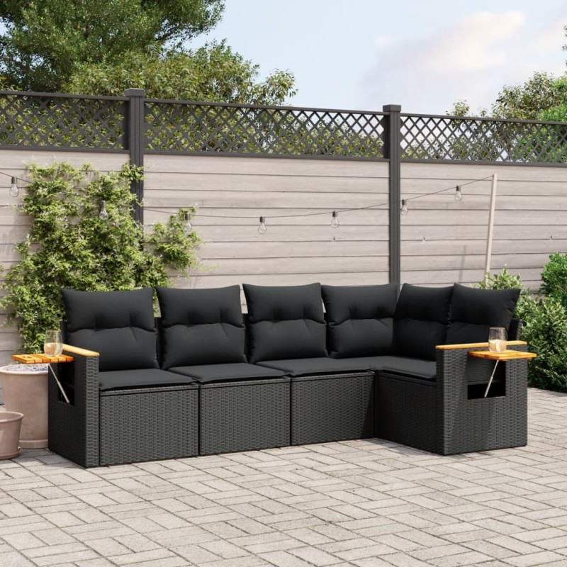 5 pcs conjunto sofás de jardim com almofadões vime PE preto-Conjuntos de jardim-Home Retail