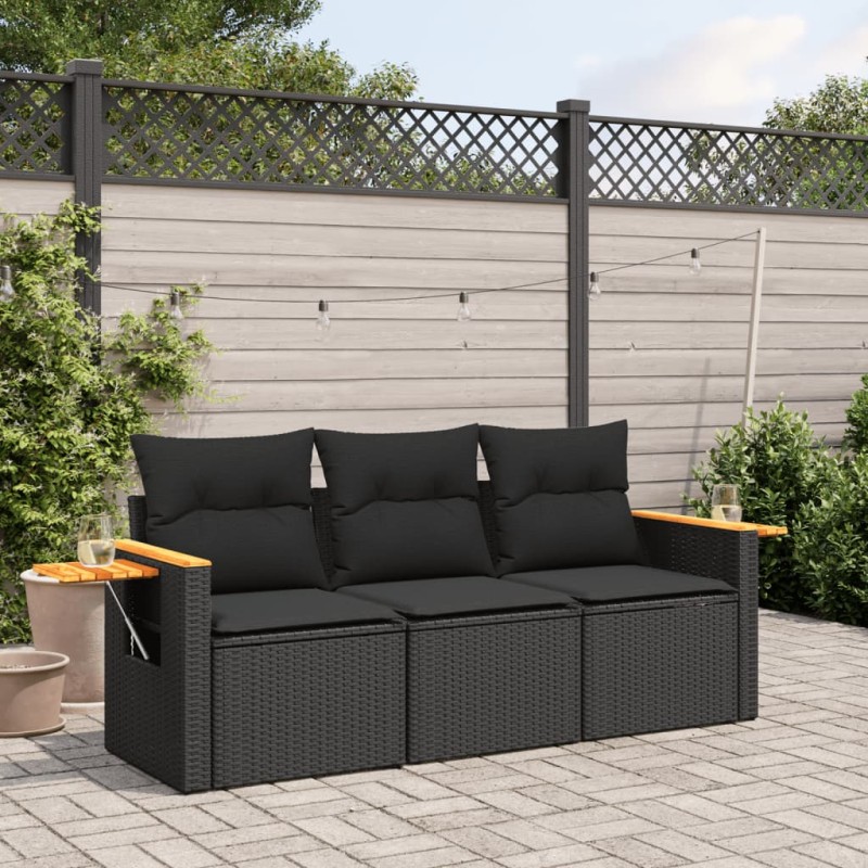 3 pcs conjunto sofás de jardim com almofadões vime PE preto-Conjuntos de jardim-Home Retail