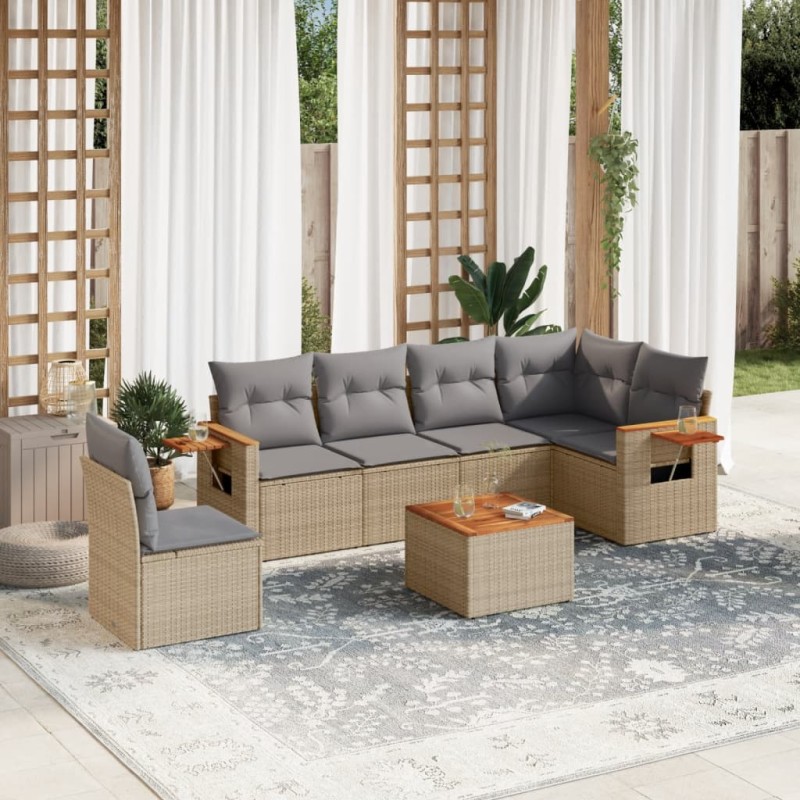 7 pcs conjunto de sofás p/ jardim com almofadões vime PE bege-Conjuntos de jardim-Home Retail