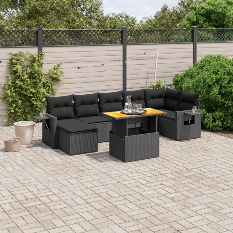 8 pcs conjunto sofás de jardim com almofadões vime PE preto-Conjuntos de jardim-Home Retail