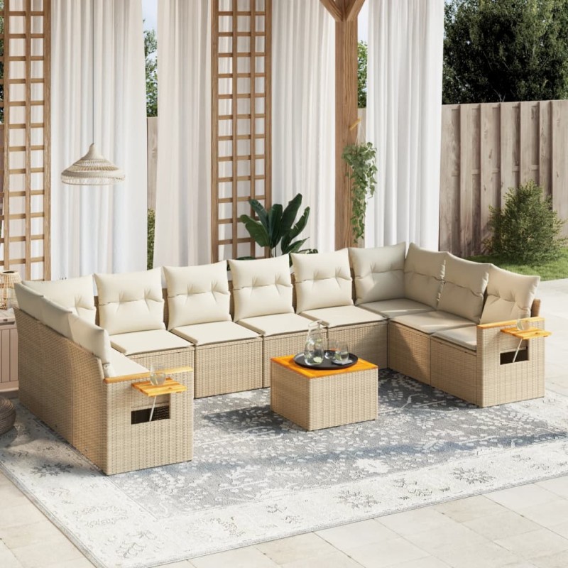 11 pcs conjunto sofás de jardim c/ almofadões vime PE bege-Conjuntos de jardim-Home Retail