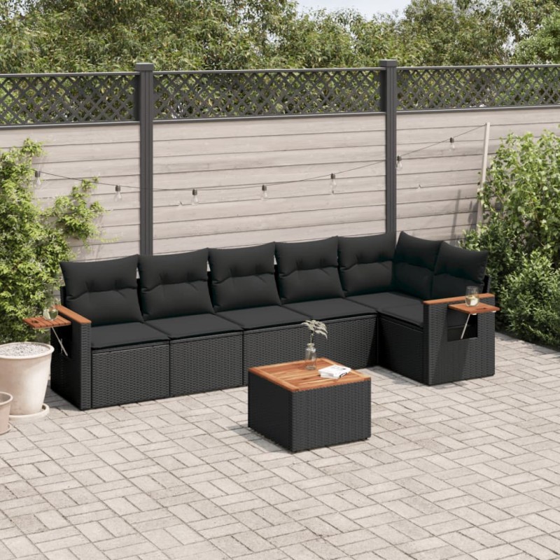 7 pcs conjunto de sofás p/ jardim c/ almofadões vime PE preto-Conjuntos de jardim-Home Retail