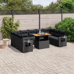 10 pcs conjunto sofás de jardim c/ almofadões vime PE preto