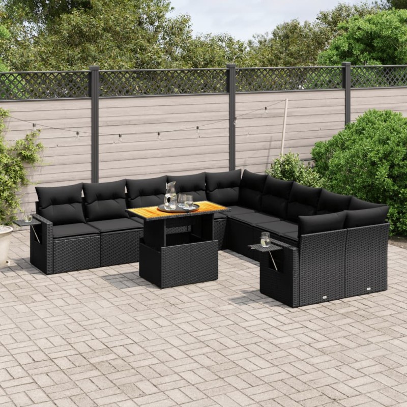 11 pcs conjunto sofás de jardim c/ almofadões vime PE preto-Conjuntos de jardim-Home Retail