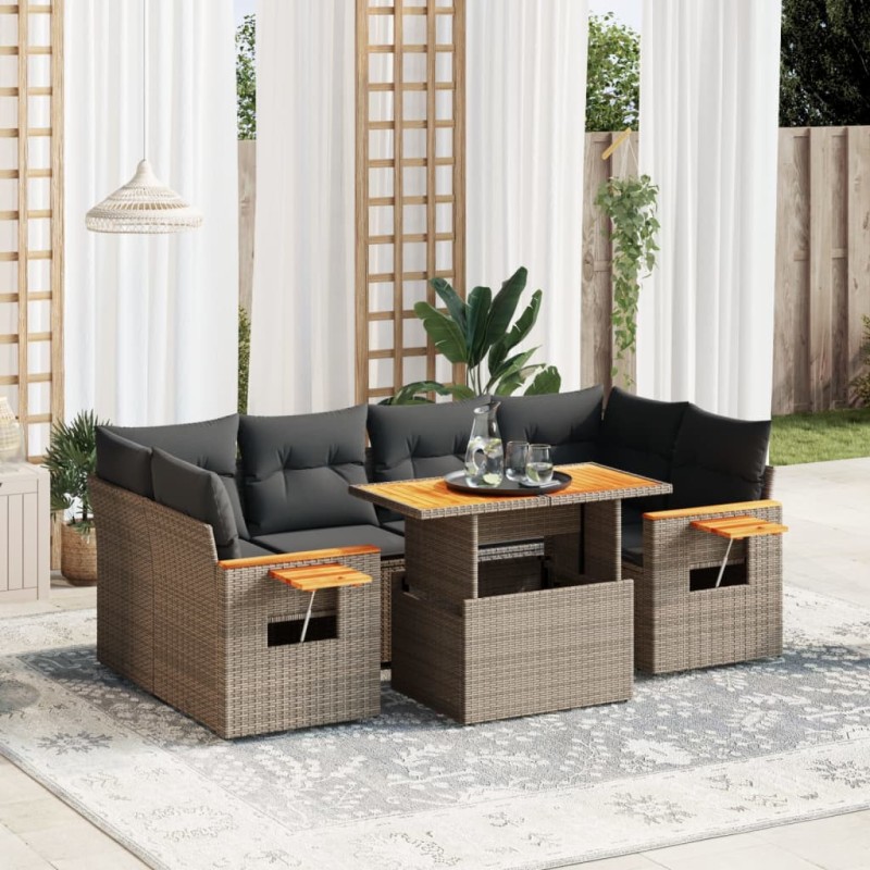 7 pcs conjunto sofás p/ jardim c/ almofadões vime PE cinzento-Conjuntos de jardim-Home Retail