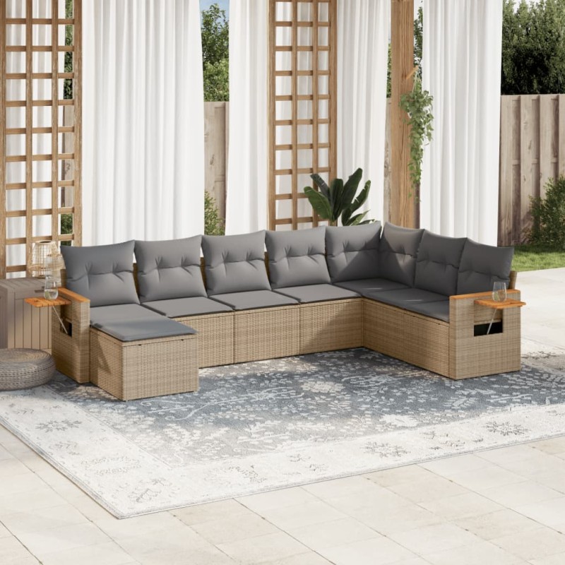 8 pcs conjunto de sofás p/ jardim com almofadões vime PE bege-Conjuntos de jardim-Home Retail