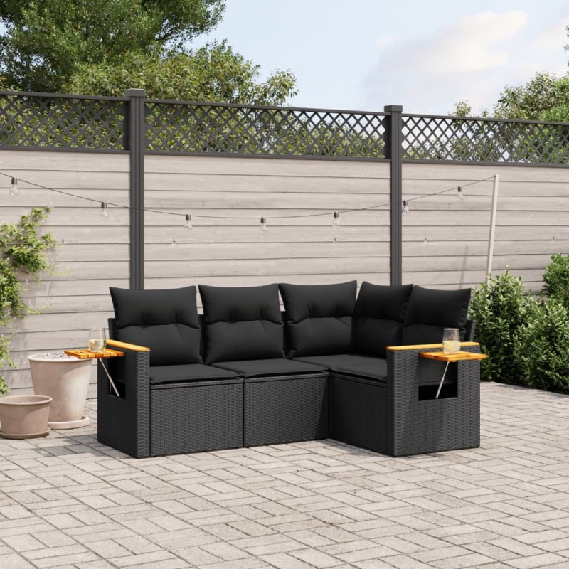 4 pcs conjunto de sofás para jardim c/ almofadões vime PE preto-Conjuntos de jardim-Home Retail