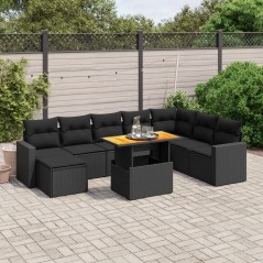 9 pcs conjunto de sofás p/ jardim c/ almofadões vime PE preto