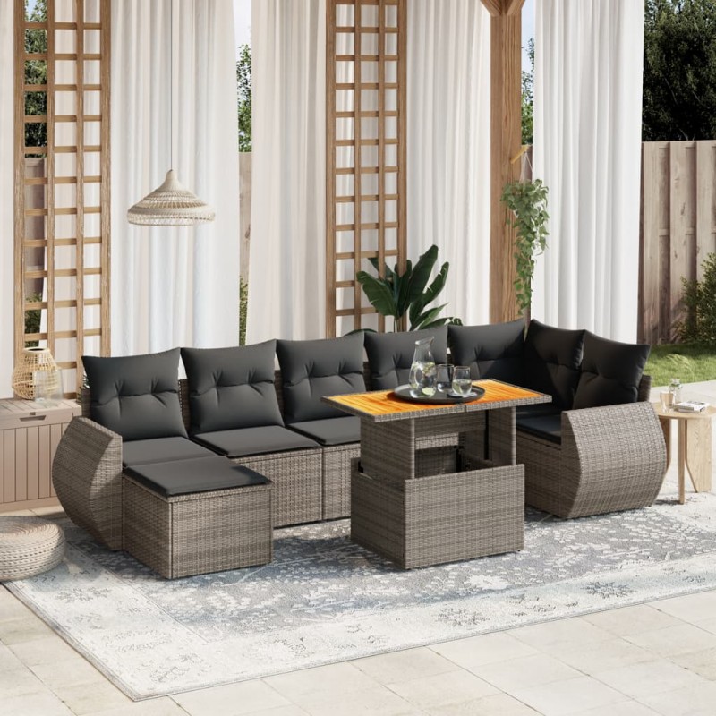 8 pcs conjunto sofás de jardim c/ almofadões vime PE cinzento-Conjuntos de jardim-Home Retail