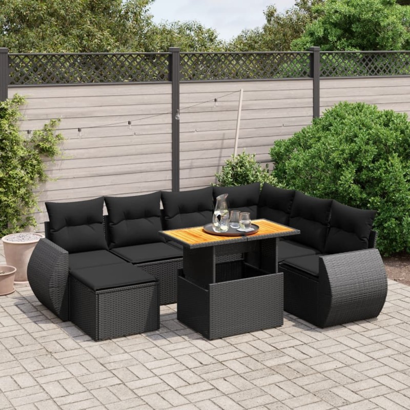 8 pcs conjunto sofás de jardim com almofadões vime PE preto-Conjuntos de jardim-Home Retail