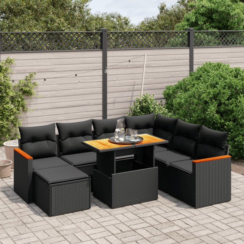 8 pcs conjunto sofás de jardim com almofadões vime PE preto-Conjuntos de jardim-Home Retail