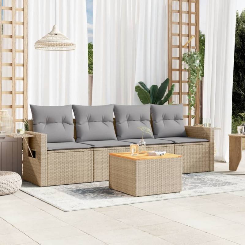 5 pcs conjunto de sofás p/ jardim com almofadões vime PE bege-Unidades de sofá com módulos externos-Home Retail