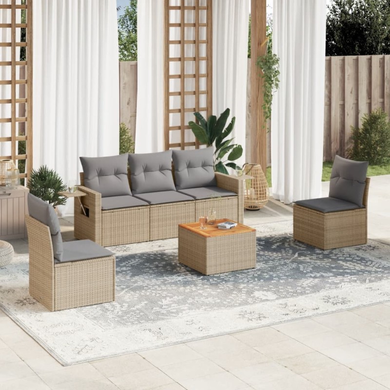 6 pcs conjunto de sofás p/ jardim com almofadões vime PE bege-Unidades de sofá com módulos externos-Home Retail