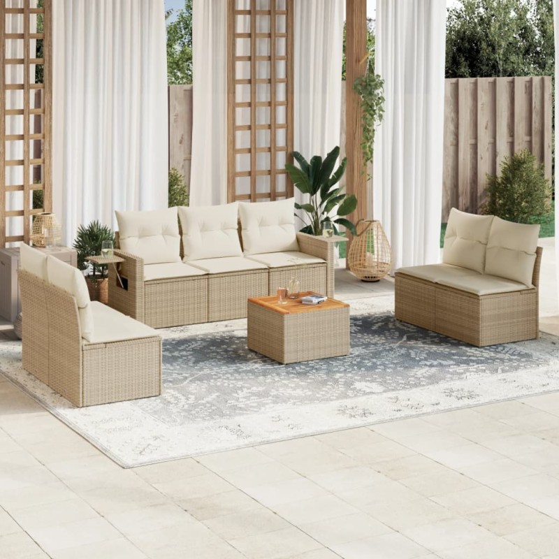 8 pcs conjunto de sofás p/ jardim com almofadões vime PE bege-Unidades de sofá com módulos externos-Home Retail