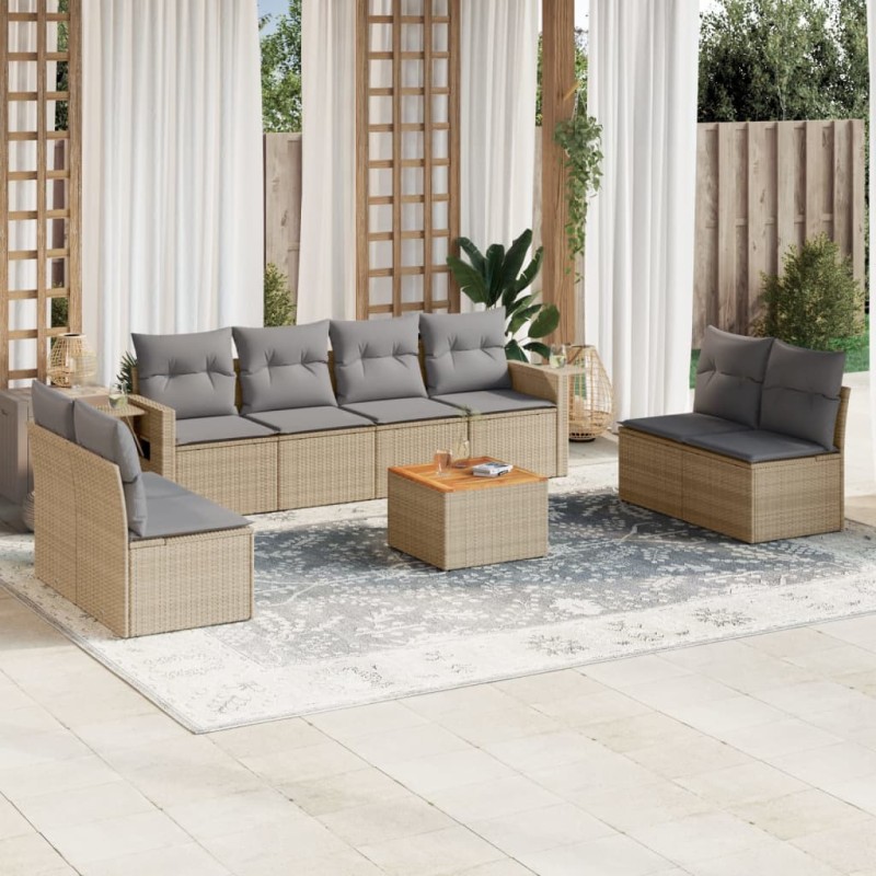 9 pcs conjunto de sofás p/ jardim com almofadões vime PE bege-Unidades de sofá com módulos externos-Home Retail