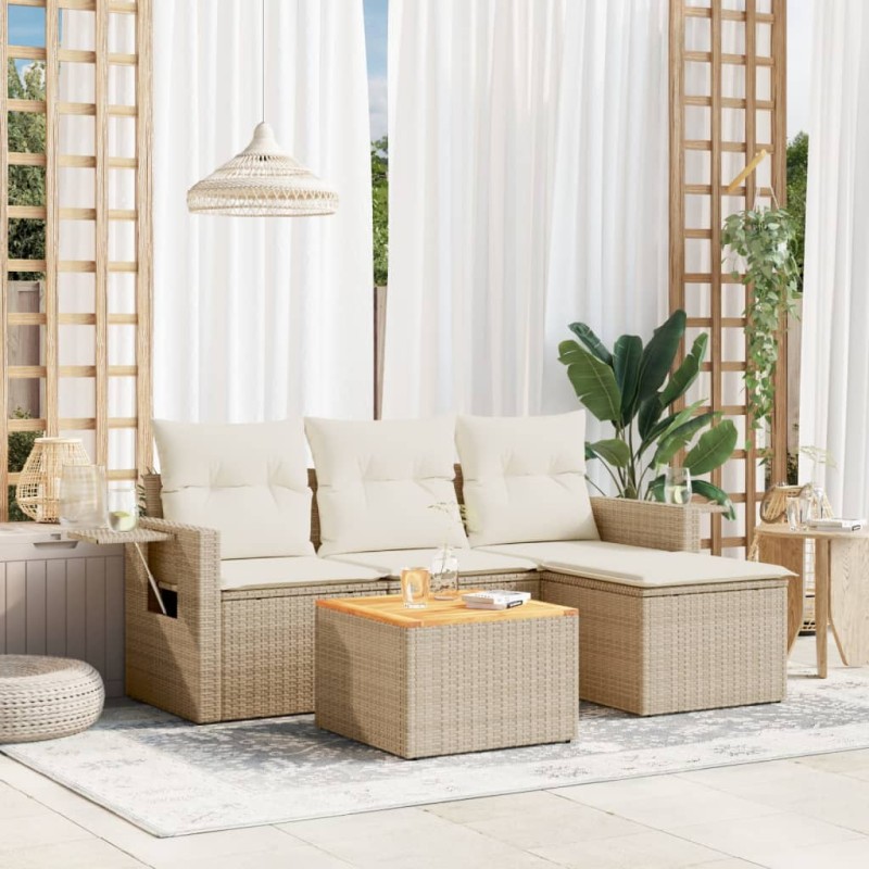 5 pcs conjunto de sofás p/ jardim com almofadões vime PE bege-Unidades de sofá com módulos externos-Home Retail