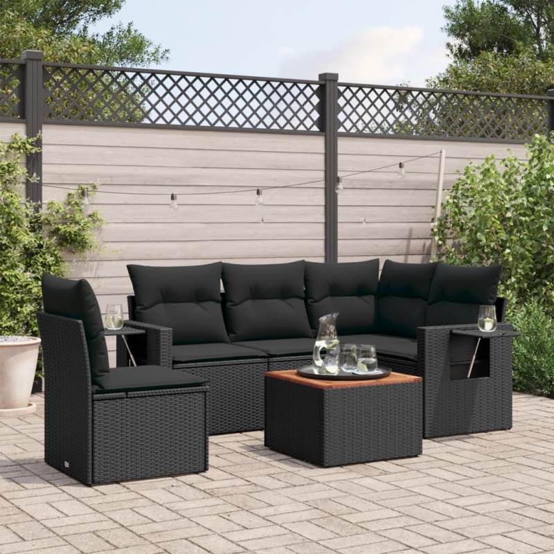 6 pcs conjunto sofás de jardim c/ almofadões vime PE preto-Unidades de sofá com módulos externos-Home Retail