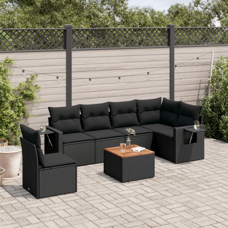 7 pcs conjunto de sofás p/ jardim c/ almofadões vime PE preto-Unidades de sofá com módulos externos-Home Retail