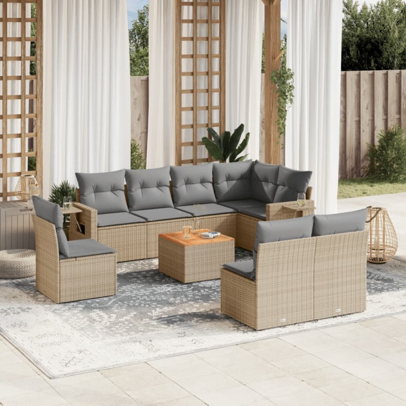 9 pcs conjunto de sofás p/ jardim com almofadões vime PE bege-Unidades de sofá com módulos externos-Home Retail