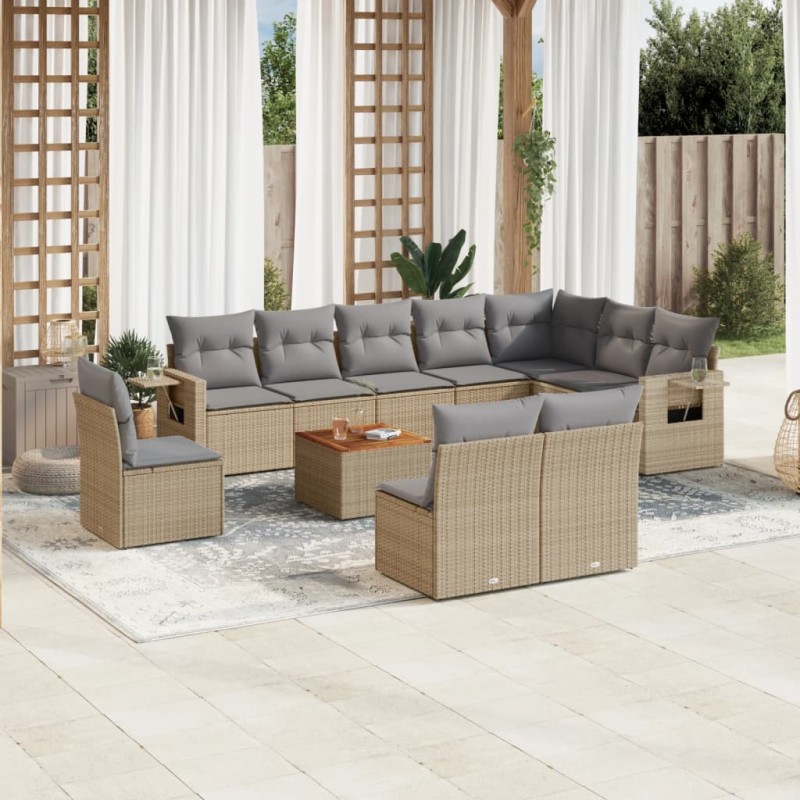 11 pcs conjunto sofás de jardim c/ almofadões vime PE bege-Unidades de sofá com módulos externos-Home Retail