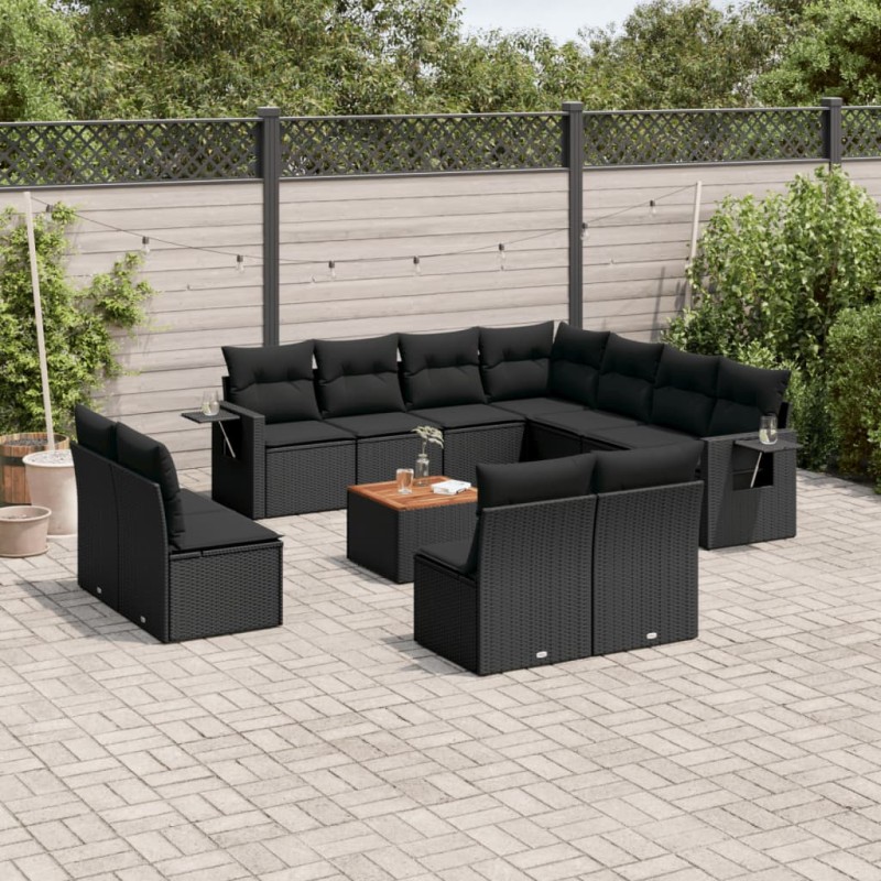 12 pcs conjunto de sofás de jardim c/ almofadões vime PE preto-Unidades de sofá com módulos externos-Home Retail