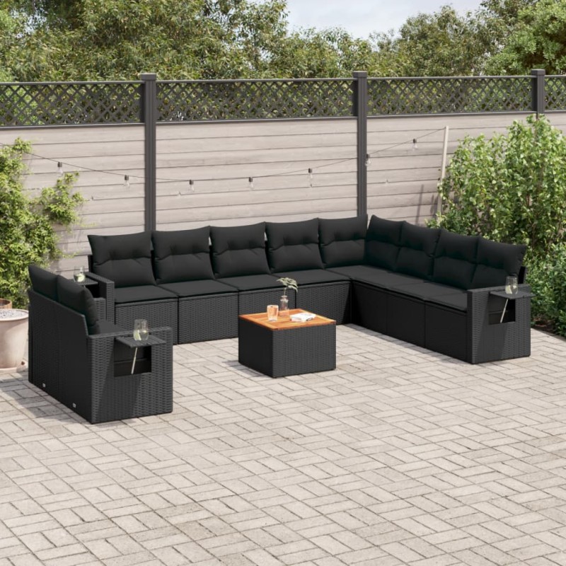 11 pcs conjunto sofás de jardim c/ almofadões vime PE preto-Unidades de sofá com módulos externos-Home Retail