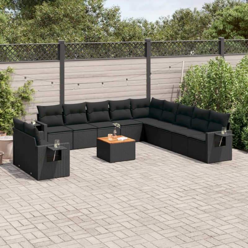 12 pcs conjunto de sofás de jardim c/ almofadões vime PE preto-Unidades de sofá com módulos externos-Home Retail