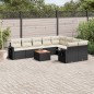 10 pcs conjunto sofás de jardim c/ almofadões vime PE preto