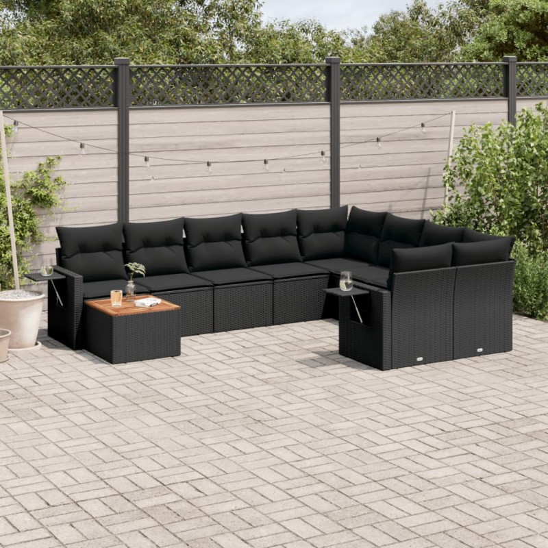 10 pcs conjunto sofás de jardim c/ almofadões vime PE preto-Unidades de sofá com módulos externos-Home Retail