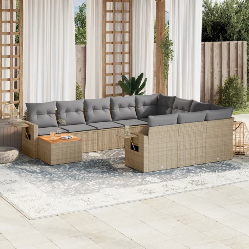 11 pcs conjunto sofás de jardim c/ almofadões vime PE bege-Unidades de sofá com módulos externos-Home Retail