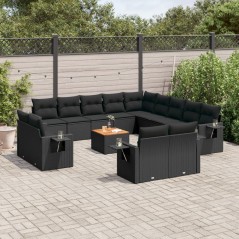 14 pcs conjunto de sofás p/ jardim c/ almofadões vime PE preto