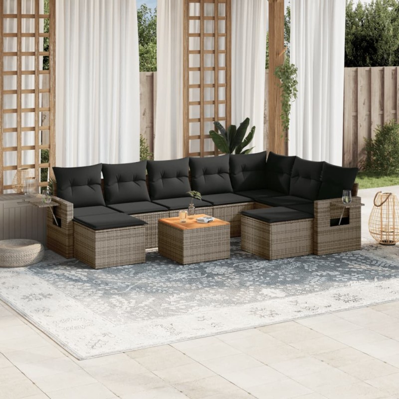 10 pcs conjunto sofás de jardim c/ almofadões vime PE cinzento-Unidades de sofá com módulos externos-Home Retail