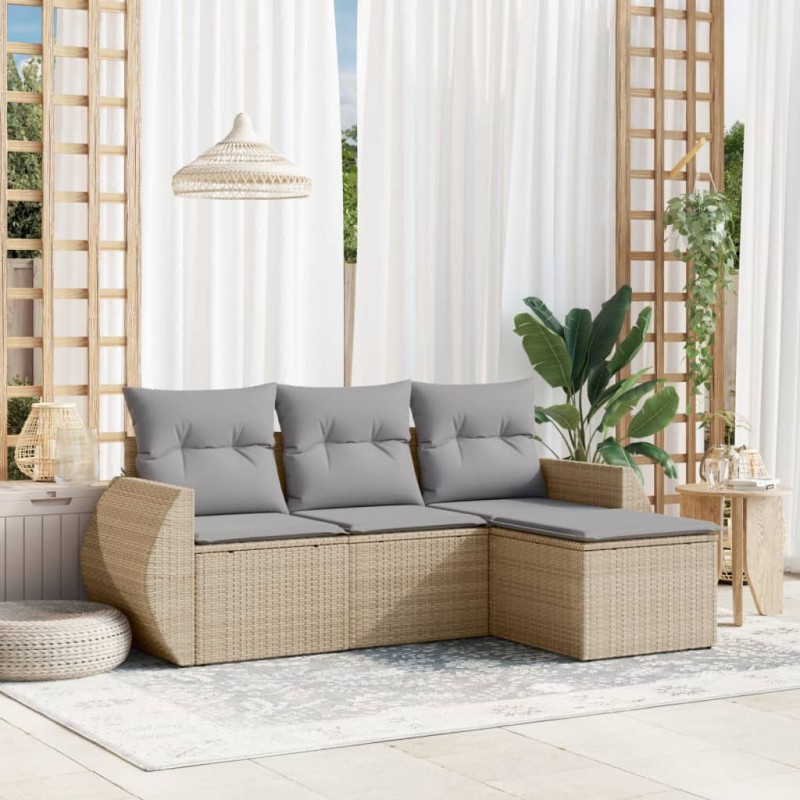 4 pcs conjunto de sofás para jardim c/ almofadões vime PE bege-Conjuntos de jardim-Home Retail