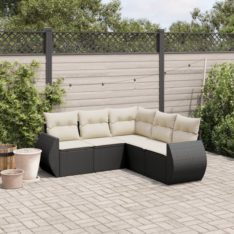 5 pcs conjunto sofás de jardim com almofadões vime PE preto-Conjuntos de jardim-Home Retail