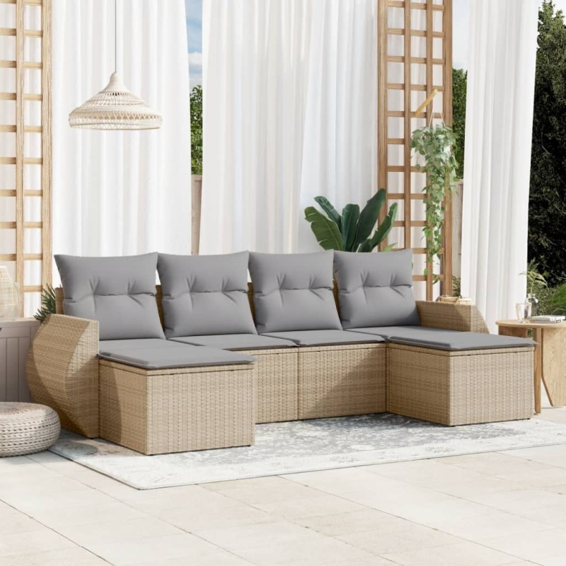 6 pcs conjunto de sofás p/ jardim com almofadões vime PE bege-Unidades de sofá com módulos externos-Home Retail