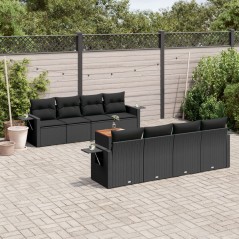 9 pcs conjunto de sofás p/ jardim c/ almofadões vime PE preto