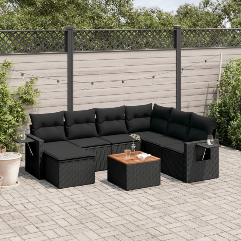 8 pcs conjunto sofás de jardim com almofadões vime PE preto-Unidades de sofá com módulos externos-Home Retail