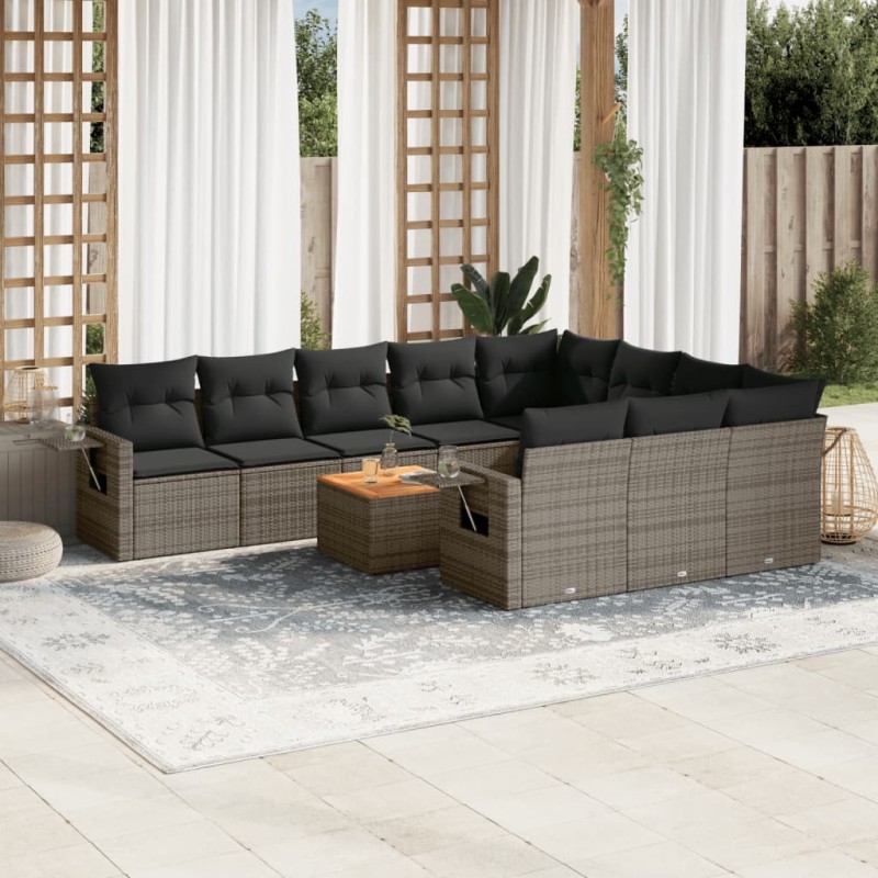 11 pcs conjunto sofás de jardim c/ almofadões vime PE preto-Unidades de sofá com módulos externos-Home Retail