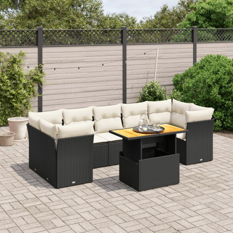 8 pcs conjunto sofás de jardim com almofadões vime PE preto-Conjuntos de jardim-Home Retail